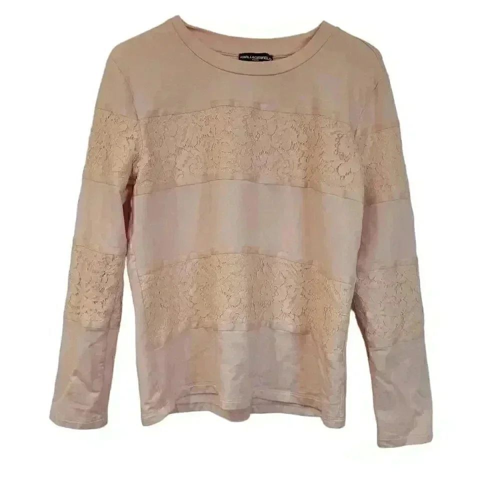 Karl Lagerfeld Women's Peach Pink Cotton Blend Knit Lace Striped Crew Neck Sweat